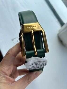 NWT Authentic Gucci Golden Logo Engraved Buckle Paneled Leather Belt Green 85